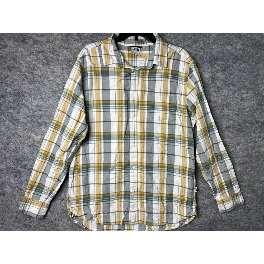 The North Face Button Down Shirt Mens Large Yellow Tan Plaid Classic Long Sleeve